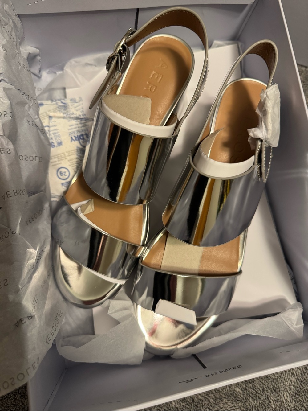 AEROSOLES Silver Metallic Open-Toe Slingback Heels